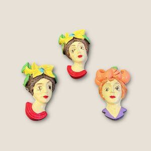 Lot Of 3 Vintage Hand-Painted Lady Brooches With Colorful Floral Hair Accents &